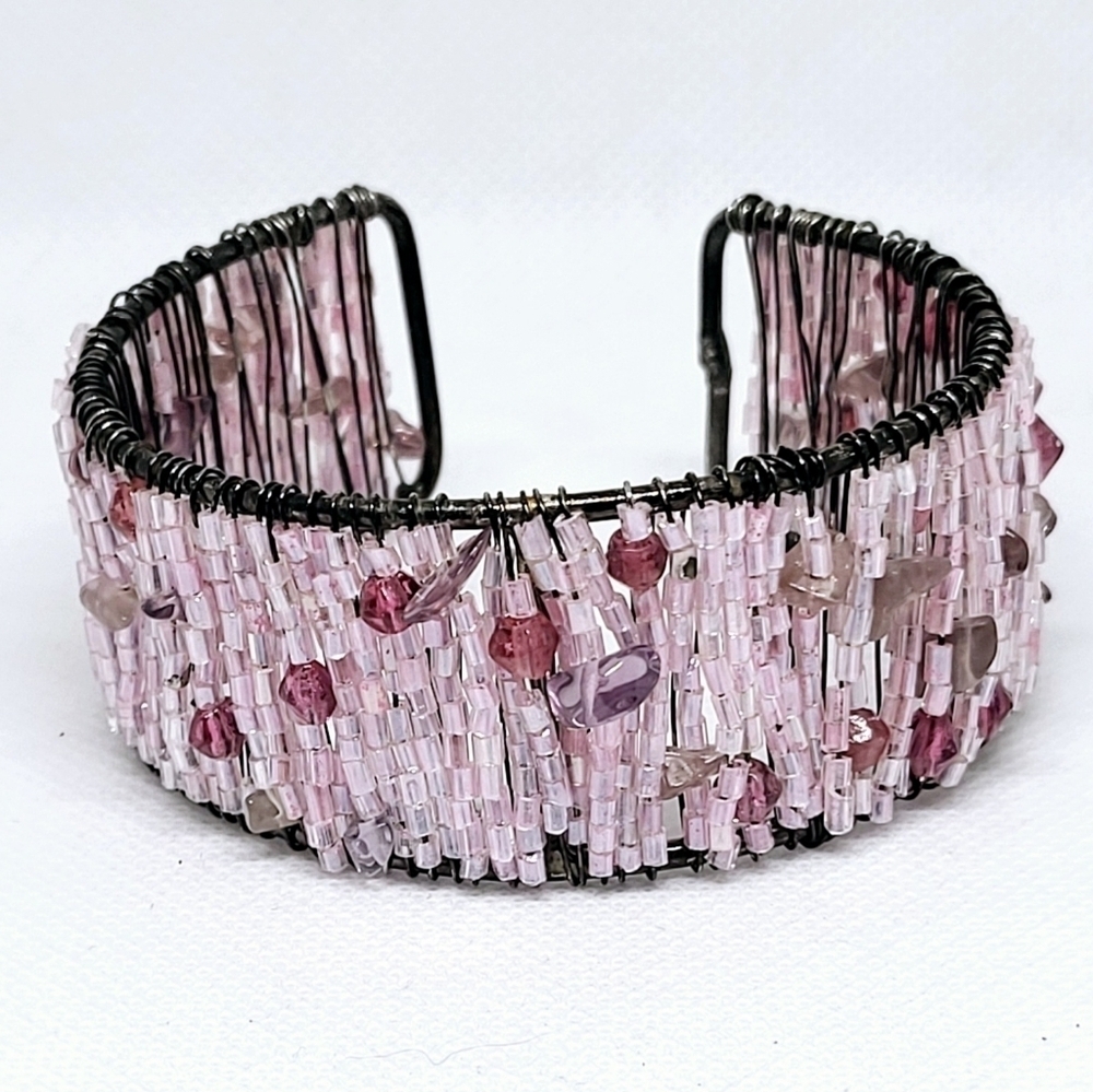Boho Pink Beaded Cuff Bracelet Statement Wire Wrap Jewelry